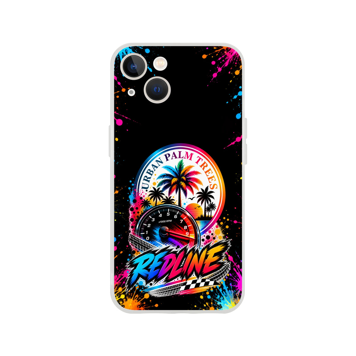 Vibrant Redline car culture iPhone case featuring a tachometer, palm trees, and colorful paint splatter design on a black background.