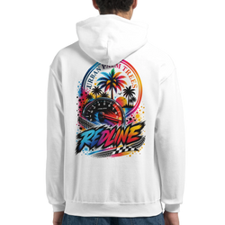 White men's hoodie featuring a colorful Redline graphic with a tachometer, palm trees, and Urban Palm Trees text on the back.