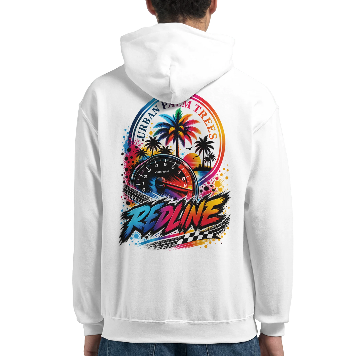 White men's hoodie featuring a colorful Redline graphic with a tachometer, palm trees, and Urban Palm Trees text on the back.