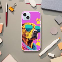 Trendy dog iPhone case (13-16) with purple background, yellow paw prints, and sunglasses-wearing dog.