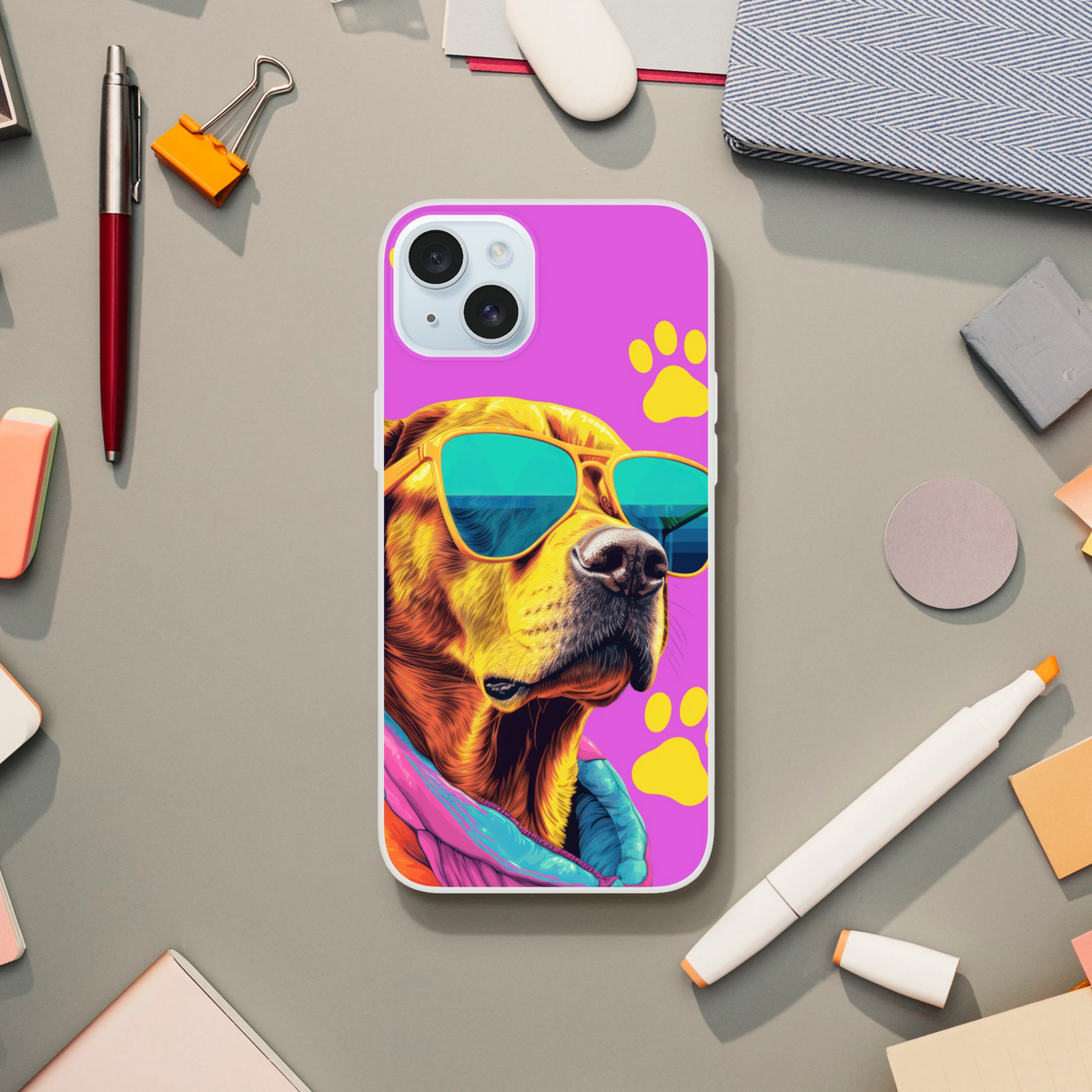Trendy dog iPhone case (13-16) with purple background, yellow paw prints, and sunglasses-wearing dog.