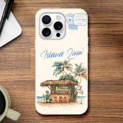 Vintage postcard-style iPhone case for iPhone 13–16, Island Holiday design with palm trees and retro vibe.
