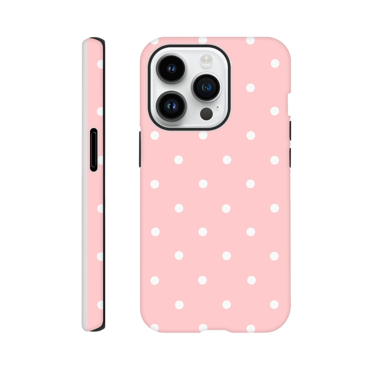Pastel pink iPhone case with white polka dots. Tough dual-layer protective cover featuring shock-absorbing TPU for drop protection.