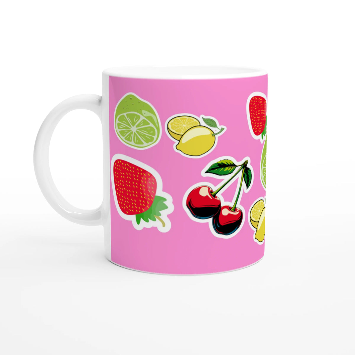 Pink ceramic mug adorned with cherries, lemons and lime fruit graphics.