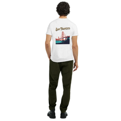 San Francisco graphic T-shirt with Golden Gate Bridge travel motif on back.