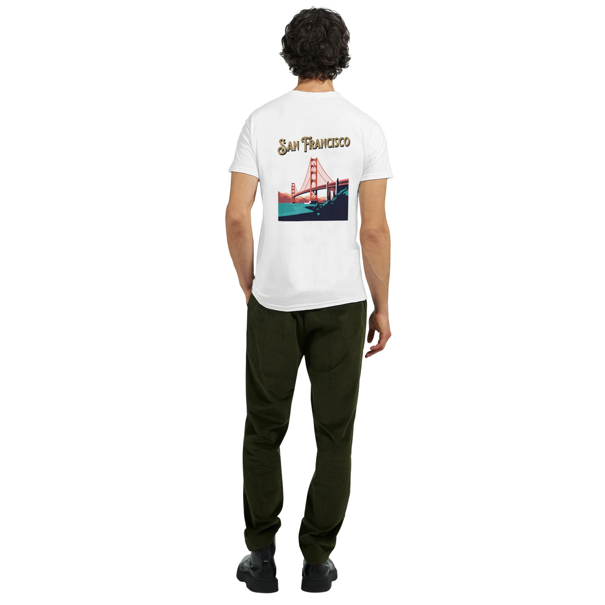 San Francisco graphic T-shirt with Golden Gate Bridge travel motif on back.