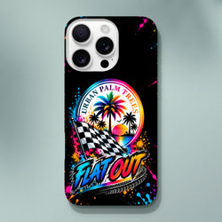 Flat Out iPhone case featuring Urban Palm Trees checkered flag, colorful paint splatters, and retro sunset graphic for modified car culture.