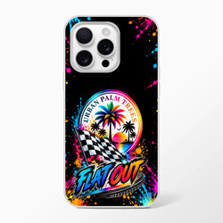 Flat Out Car Culture iPhone case featuring Urban Palm Trees logo, checkered flag, and colorful paint splatter on black background.