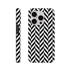Black and white herringbone pattern tough iPhone case with geometric chevron design, shock-absorbent dual-layer shell, and precise cutouts for iPhone 13-16.
