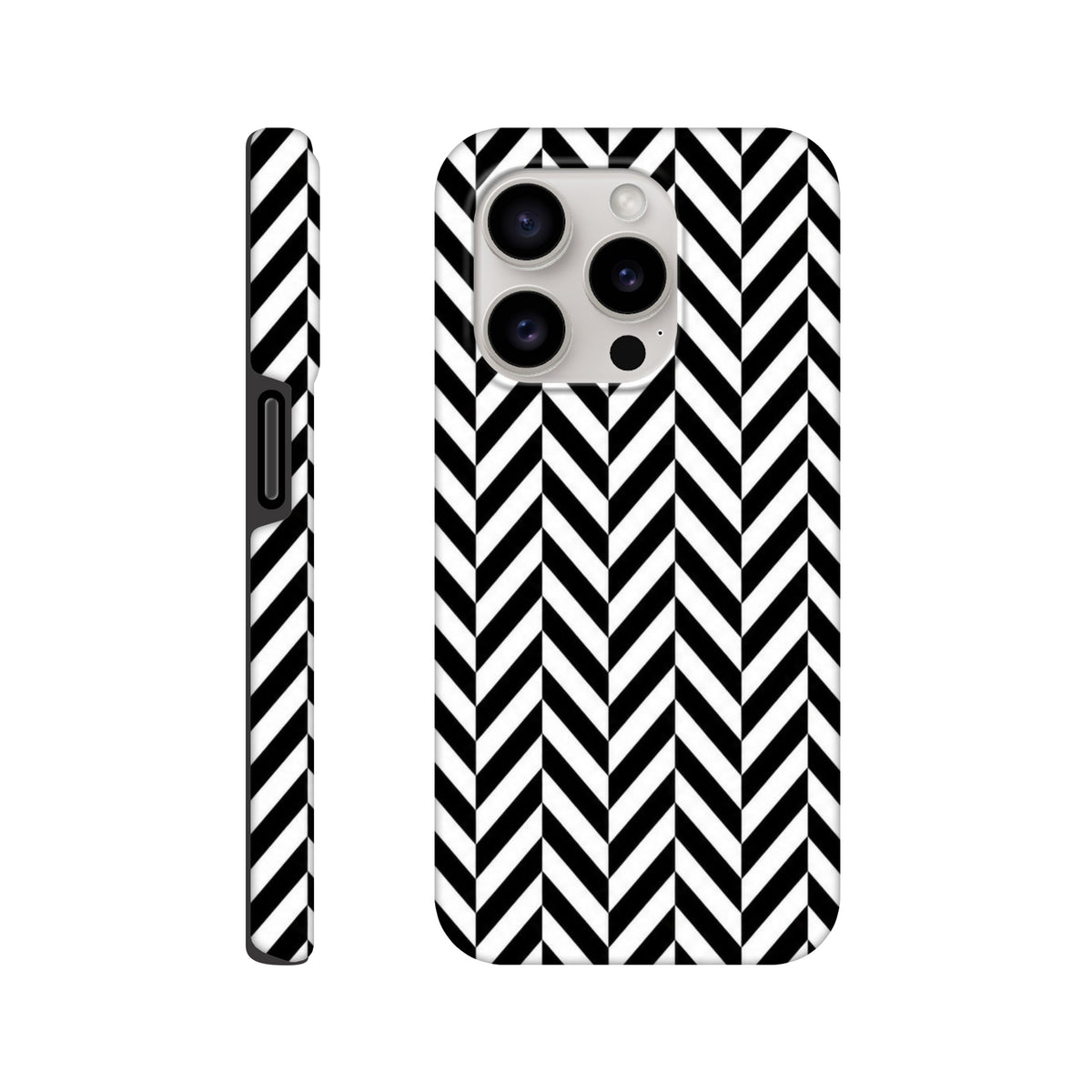 Black and white herringbone pattern tough iPhone case with geometric chevron design, shock-absorbent dual-layer shell, and precise cutouts for iPhone 13-16.