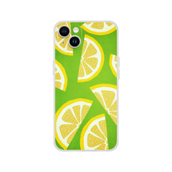 Lemon-slice patterned iPhone case for 13–16 with bright green background and yellow citrus segments.