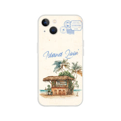 Vintage postcard-style iPhone case for 13-16 with island holiday scene, palm trees and a tropical hut.