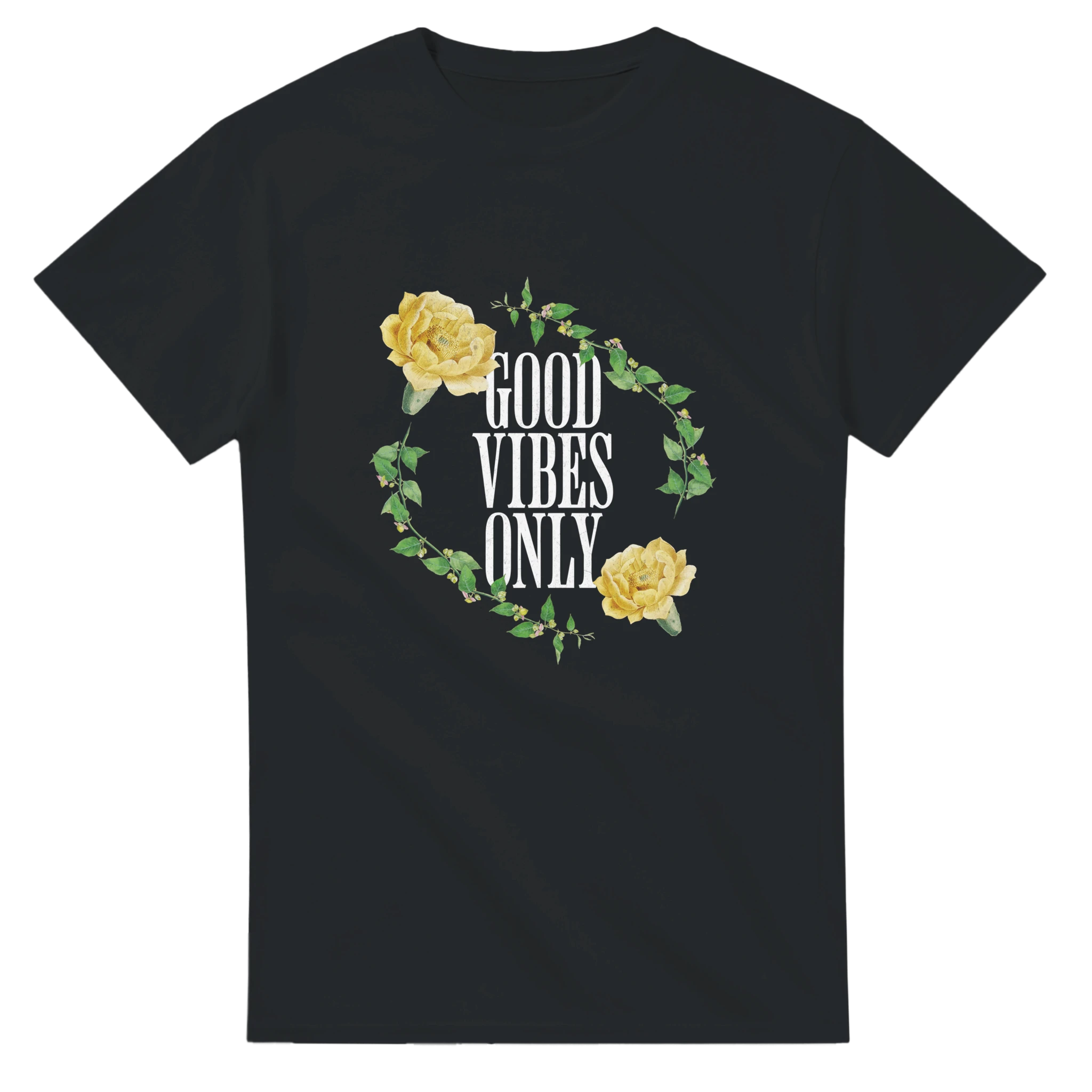 Black men's graphic t-shirt with Good Vibes Only slogan in white, framed by yellow roses and a leafy vine wreath.