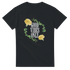 Black men's graphic t-shirt with Good Vibes Only slogan in white, framed by yellow roses and a leafy vine wreath.