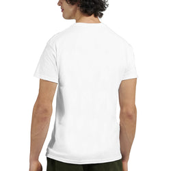 Back view of a white men's short-sleeve crew-neck T-shirt, solid color.