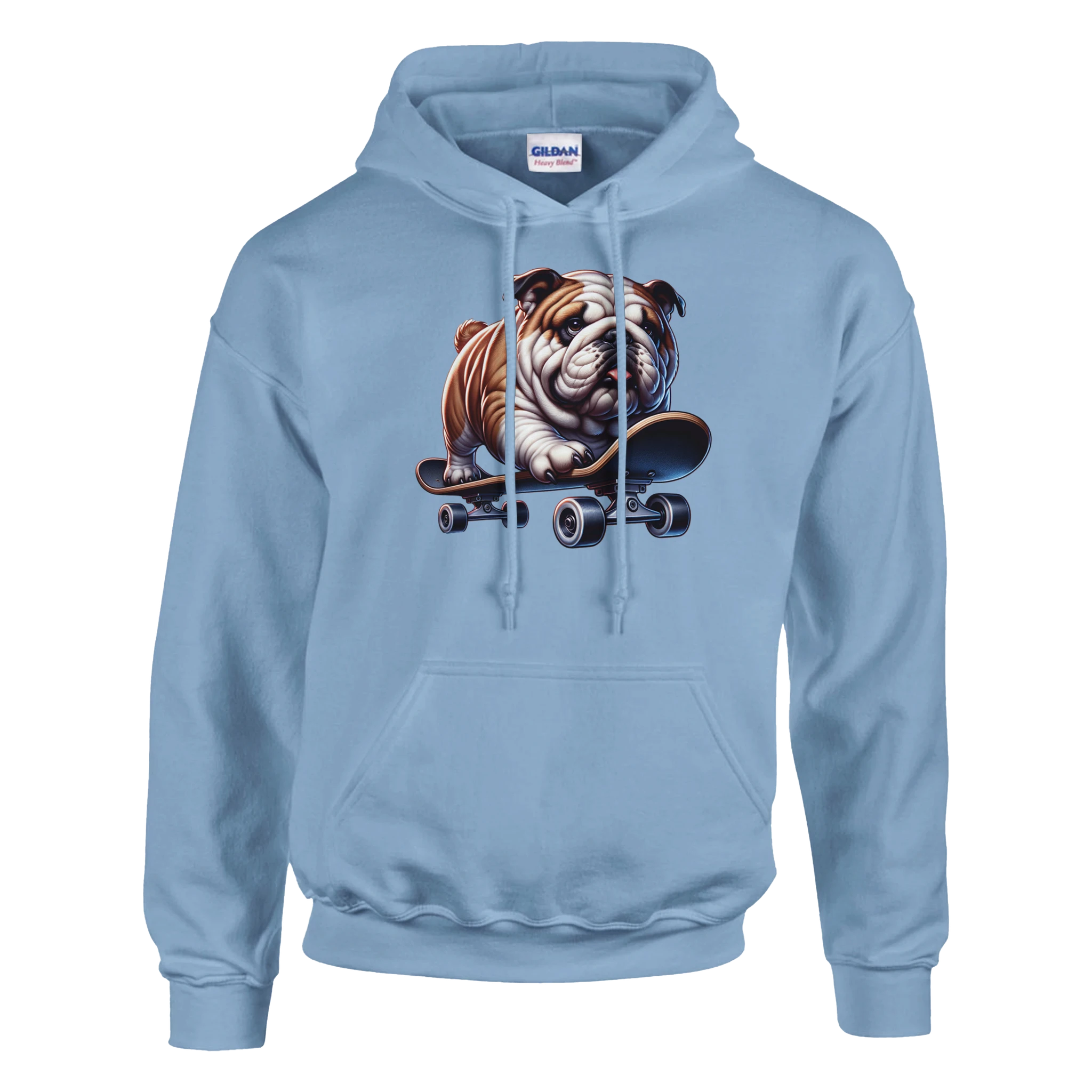 Light blue hoodie with bulldog on skateboard graphic; soft cotton blend, front pouch pocket, drawstring hood.