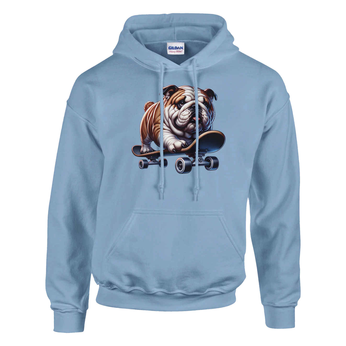 Light blue hoodie with bulldog on skateboard graphic; soft cotton blend, front pouch pocket, drawstring hood.
