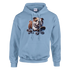 Light blue hoodie with bulldog on skateboard graphic; soft cotton blend, front pouch pocket, drawstring hood.