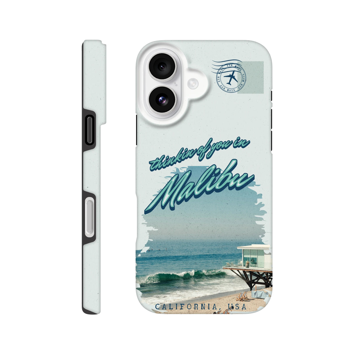 Vintage Malibu California beach phone case with pier graphic, "thinkin of you in Malibu" text, and air mail stamp design for iPhone 13-16.