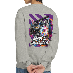 Gray sweatshirt back print featuring retro boombox graphic with colorful palm tree and "Made to Make Noise" text.