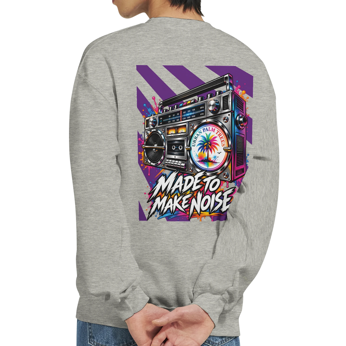 Gray sweatshirt back print featuring retro boombox graphic with colorful palm tree and "Made to Make Noise" text.