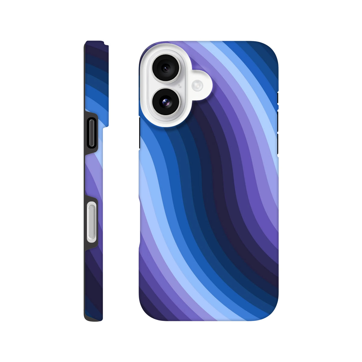 Blue retro wave iPhone case featuring Y2K wavy stripes in purple and blue tones, with reinforced guard rails for tough impact protection.