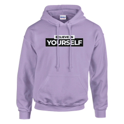 Lavender hoodie with bold BELIEVE YOURSELF graphic on chest, cozy slogan top for women.