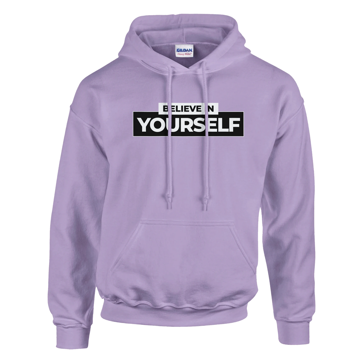 Lavender hoodie with bold BELIEVE YOURSELF graphic on chest, cozy slogan top for women.