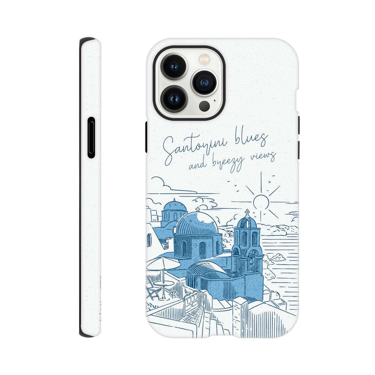White tough iPhone case featuring blue line art of Santorini domes and "Santorini blues" script.