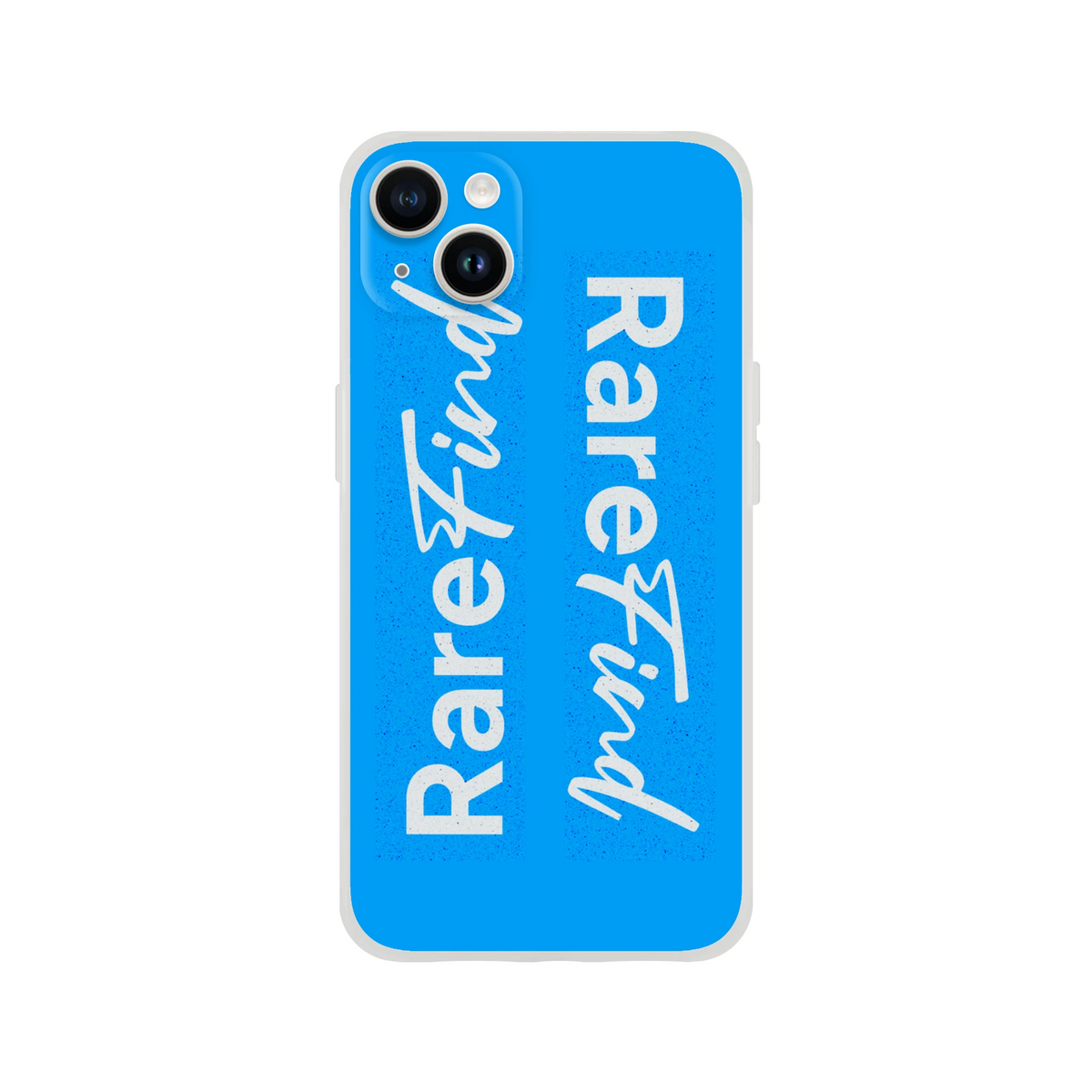 Rare Find Blue iPhone Case (13-16) with positive slogan, slim matte finish, gray edge.