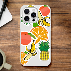 Clear iPhone case featuring bold sticker-style graphics of oranges, bananas, and pineapples for a tropical streetwear look.