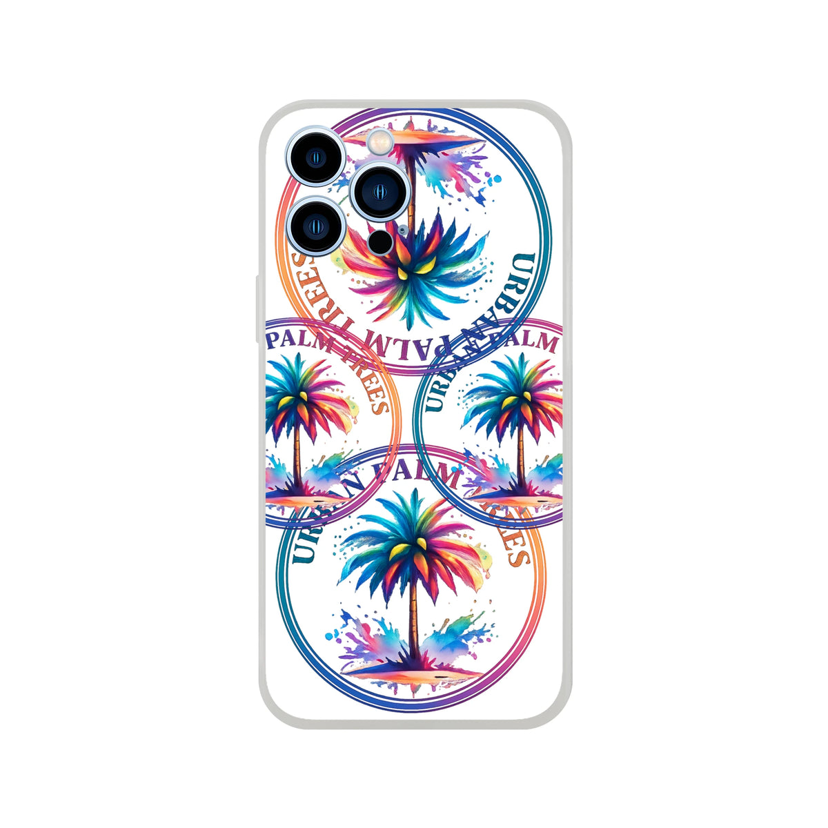 Urban Palm Trees iPhone case (13-16) with retro palm artwork and matte finish.