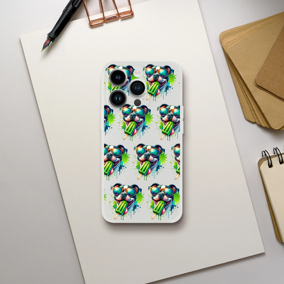 Chill Dog phone case with transparent design, cartoon dog in sunglasses holding a green popsicle for iPhone 13–16.