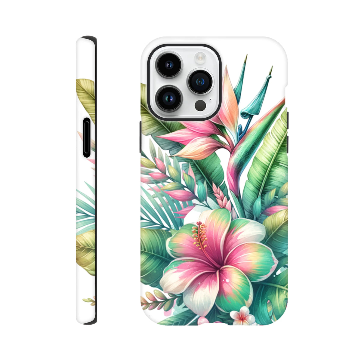 Tropical hibiscus and bird of paradise floral print iPhone case protecting against drops with vibrant botanical art.