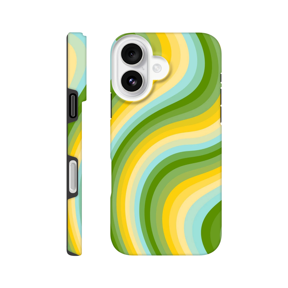 Green and yellow retro wave iPhone case with Y2K stripes. Tough Y2K stripe phone cover blending early 2000s nostalgia and streetwear style.