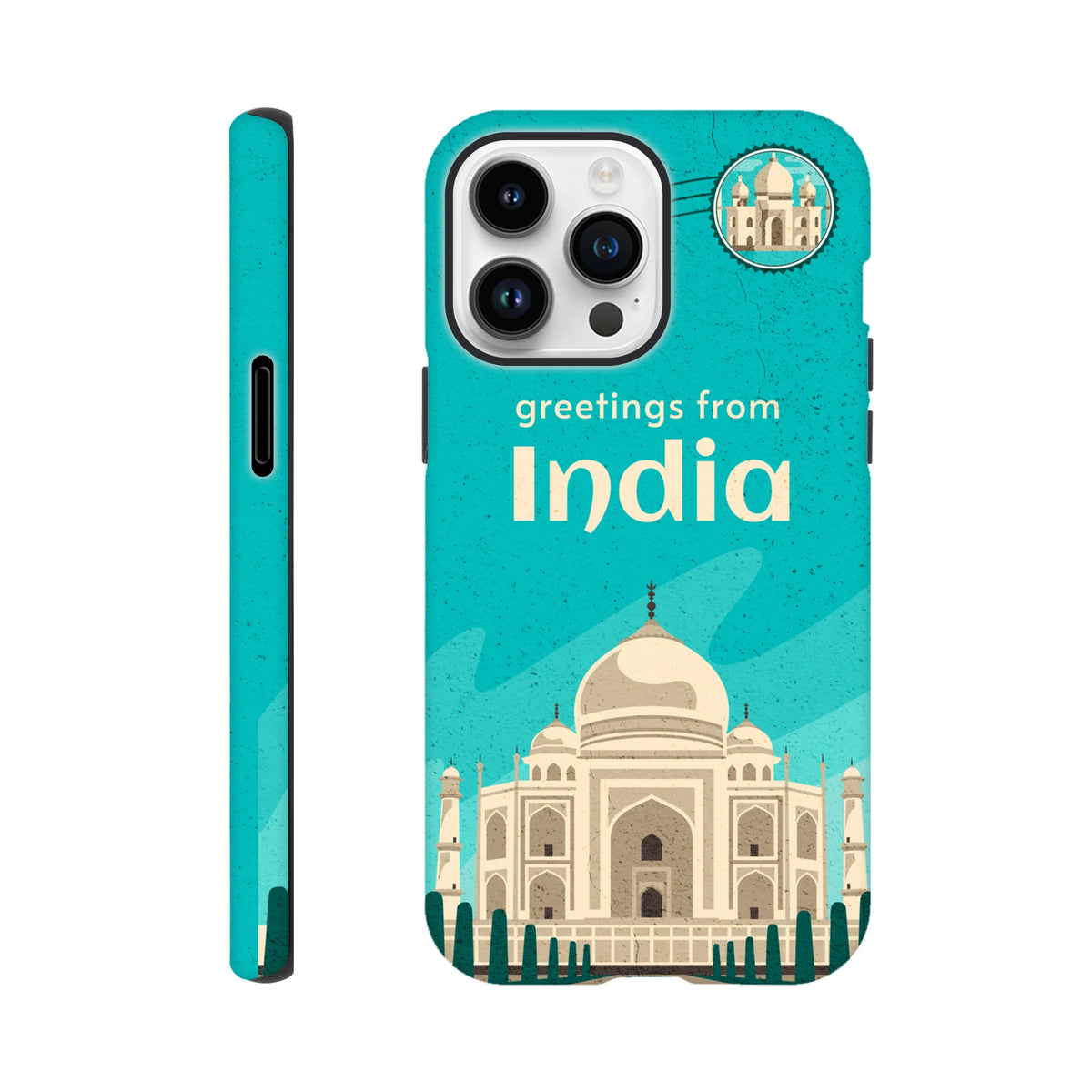 India Taj Mahal Postcard Tough iPhone Case for iPhone 13-16 with turquoise wraparound Taj Mahal art travel cover