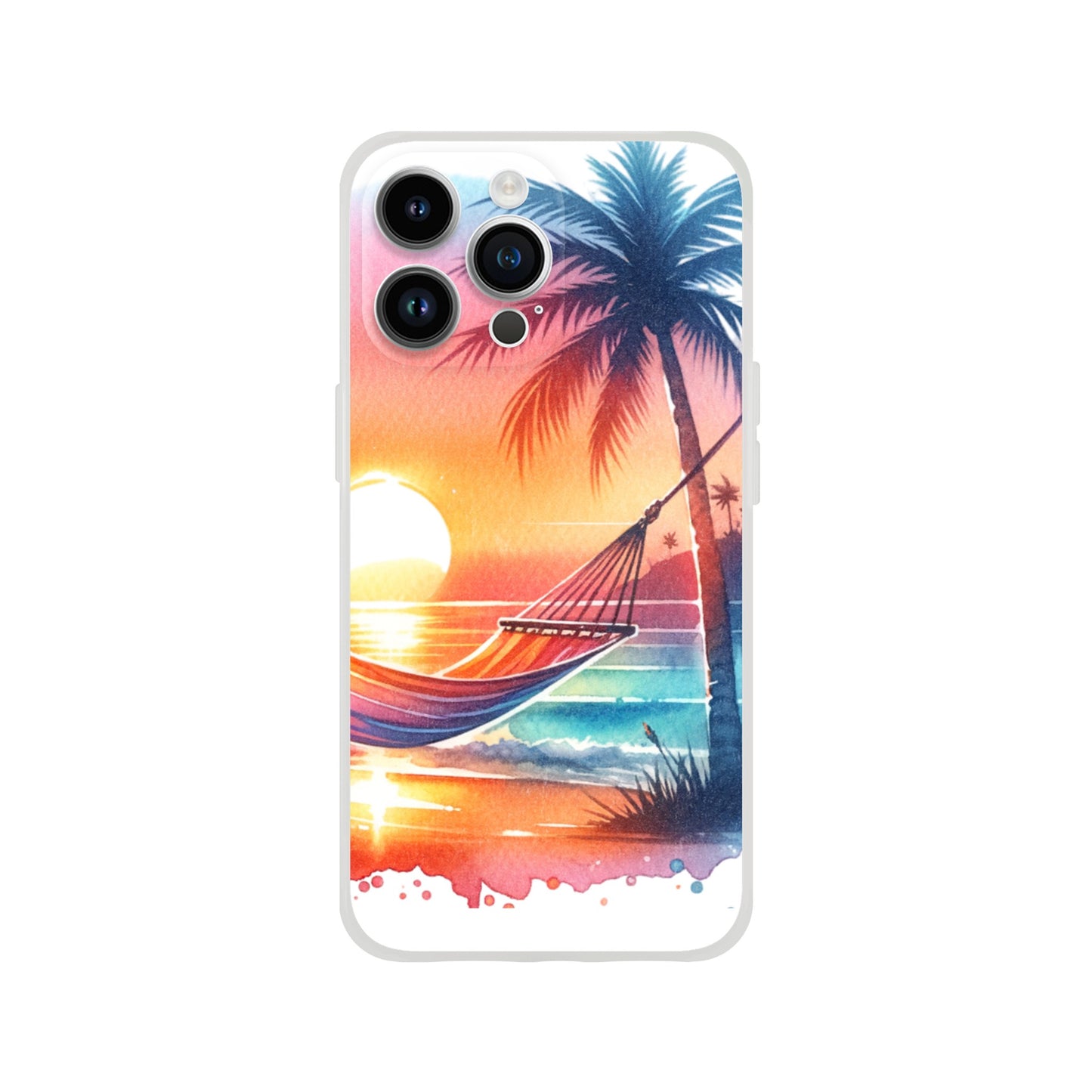 iPhone case with a tropical design featuring a hammock, palm tree, and sunset 7
