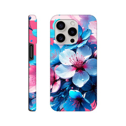 Vibrant blue and pink floral iPhone case design featuring bold blossom art for protective streetwear style.