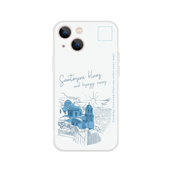 Vintage postcard-style iPhone case for 13-16 with Santorini blue domes, seaside skyline, handwritten script.