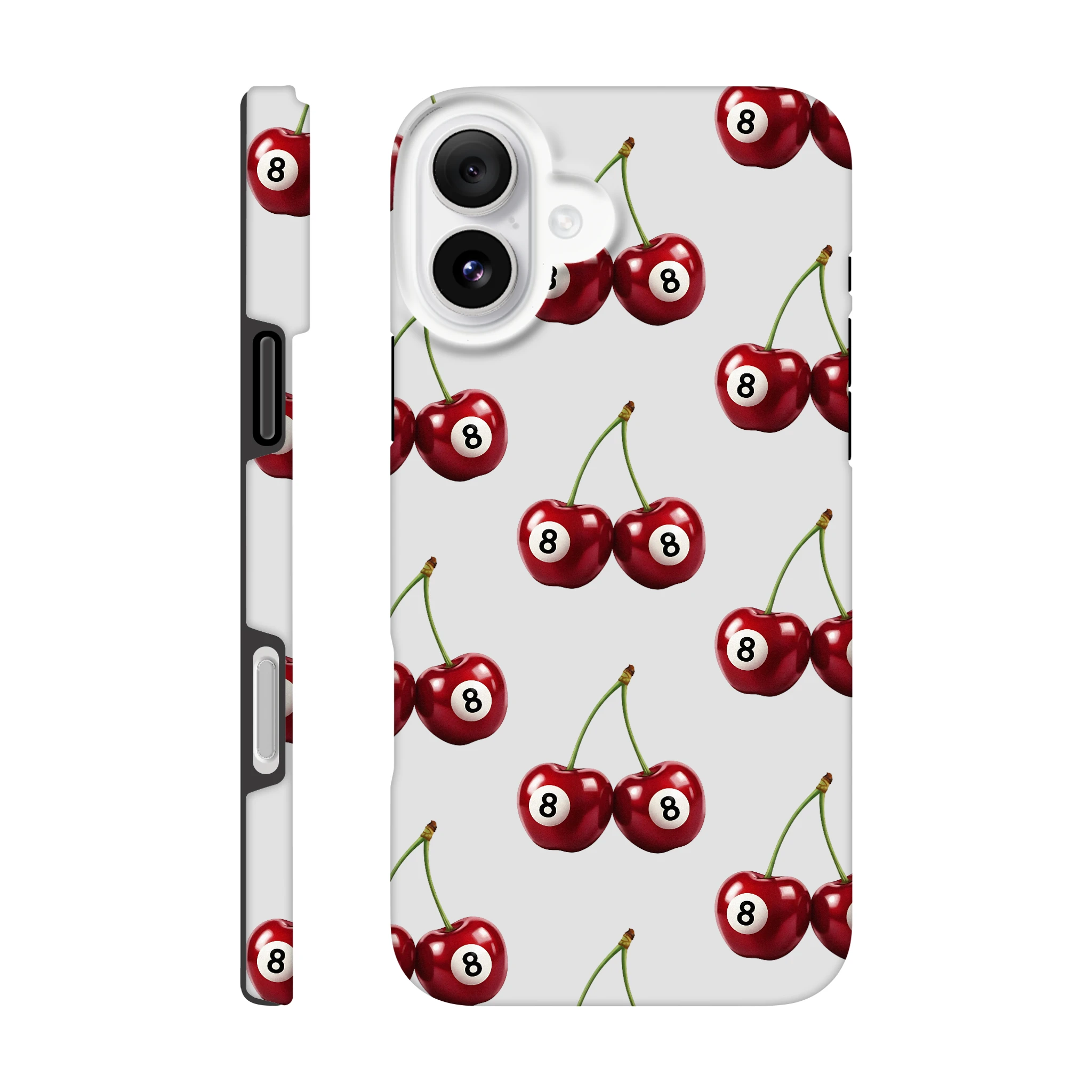 Lucky Cherries tough protective phone case with wraparound cherry print on light gray for iPhone 16/15/14/13.