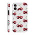 Lucky Cherries tough protective phone case with wraparound cherry print on light gray for iPhone 16/15/14/13.