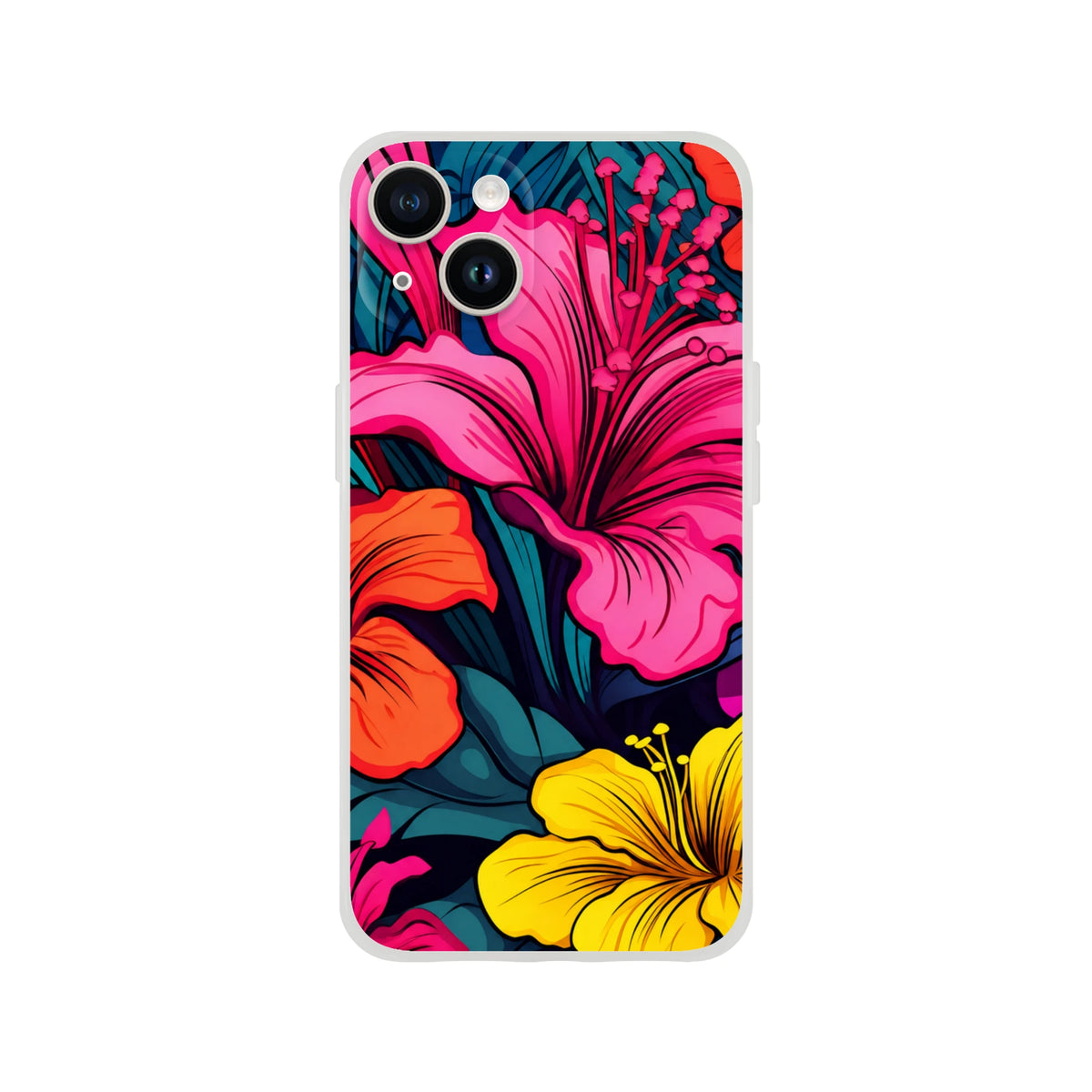 Colorful tropical hibiscus iPhone case for 13-16 with a vibrant floral design and matte finish.