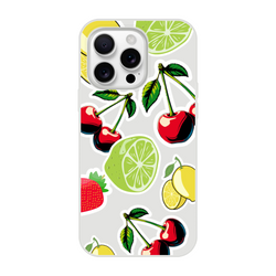 Transparent iPhone case featuring sticker-style cherry, lime, and lemon fruit graphics for a fresh, slim protective cover.