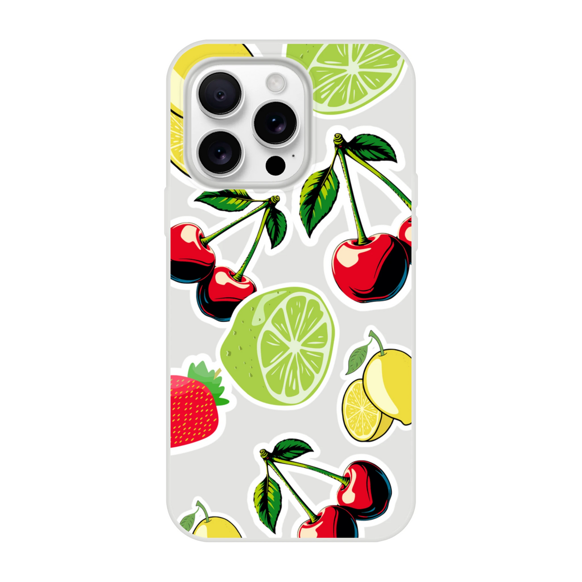 Transparent iPhone case featuring sticker-style cherry, lime, and lemon fruit graphics for a fresh, slim protective cover.