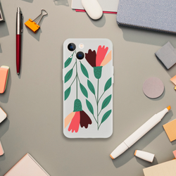 Floral phone case with green leaves and colorful blooms on a transparent back for iPhone 13-16.
