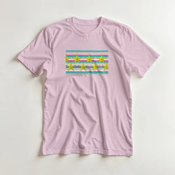 Pastel Stripe Gold Star Graphic T-Shirt for Women with pastel stripes and gold stars.