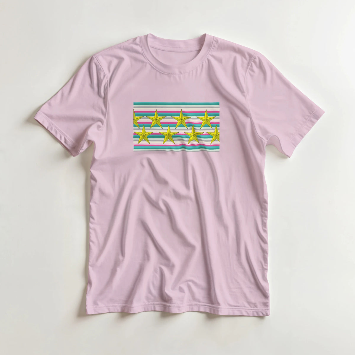 Pastel Stripe Gold Star Graphic T-Shirt for Women with pastel stripes and gold stars.