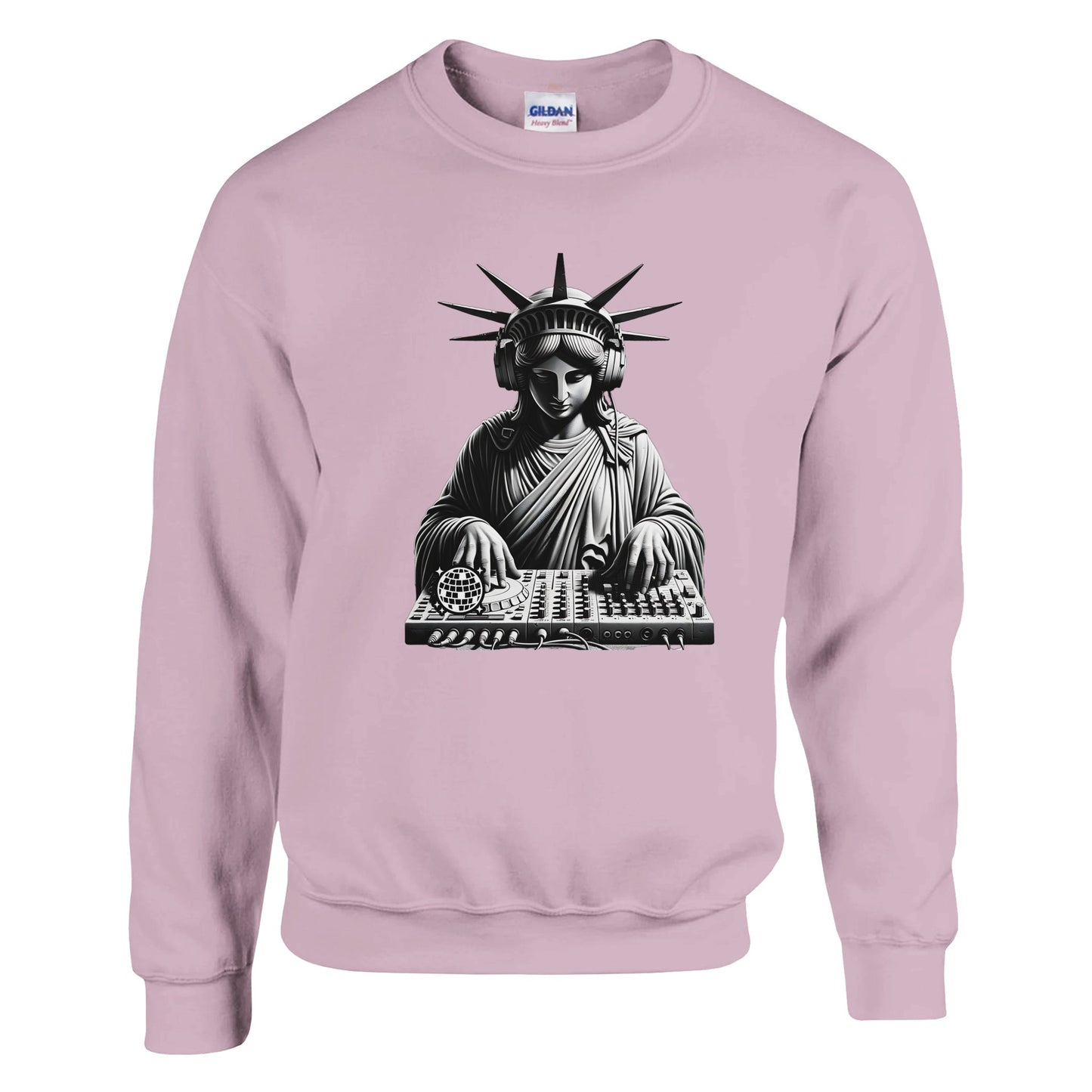 Light pink men's graphic sweatshirt with a graphic of the Statue of Liberty DJing on a white background