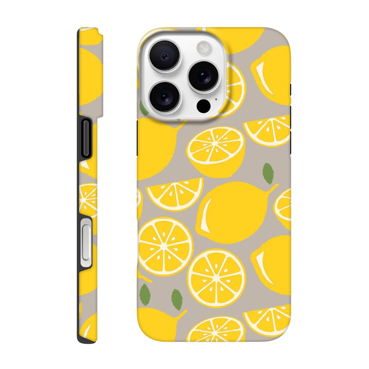 Cute yellow lemon print tough iPhone case with citrus pattern on grey background. Durable drop guard design for city life and street-ready style.