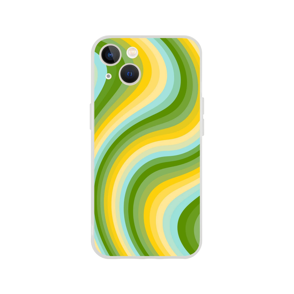 Retro green and yellow wave swirl iPhone case for iPhone 13–16; slim, matte shell with shock-absorbing protection.
